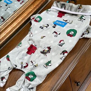 NWOT- Peanuts Festive Gray Dog Pajama Set. Size S. Cute holiday Snoopy scenes.